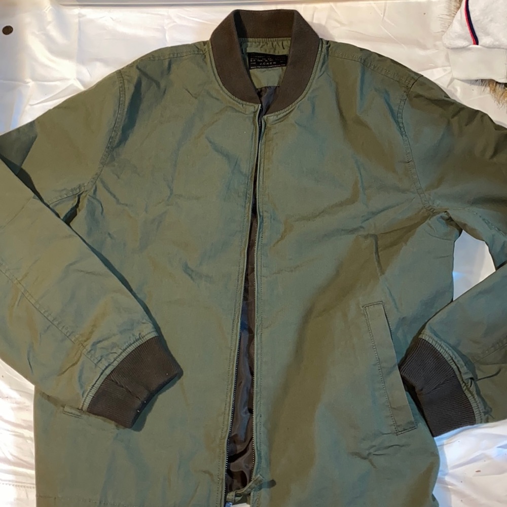 J. Crew Olive Green Bomber Jacket with Dark Brown Trim
